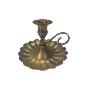 Vintage Brass Chamberstick Candle Holder Scalloped Drip Tray Handle